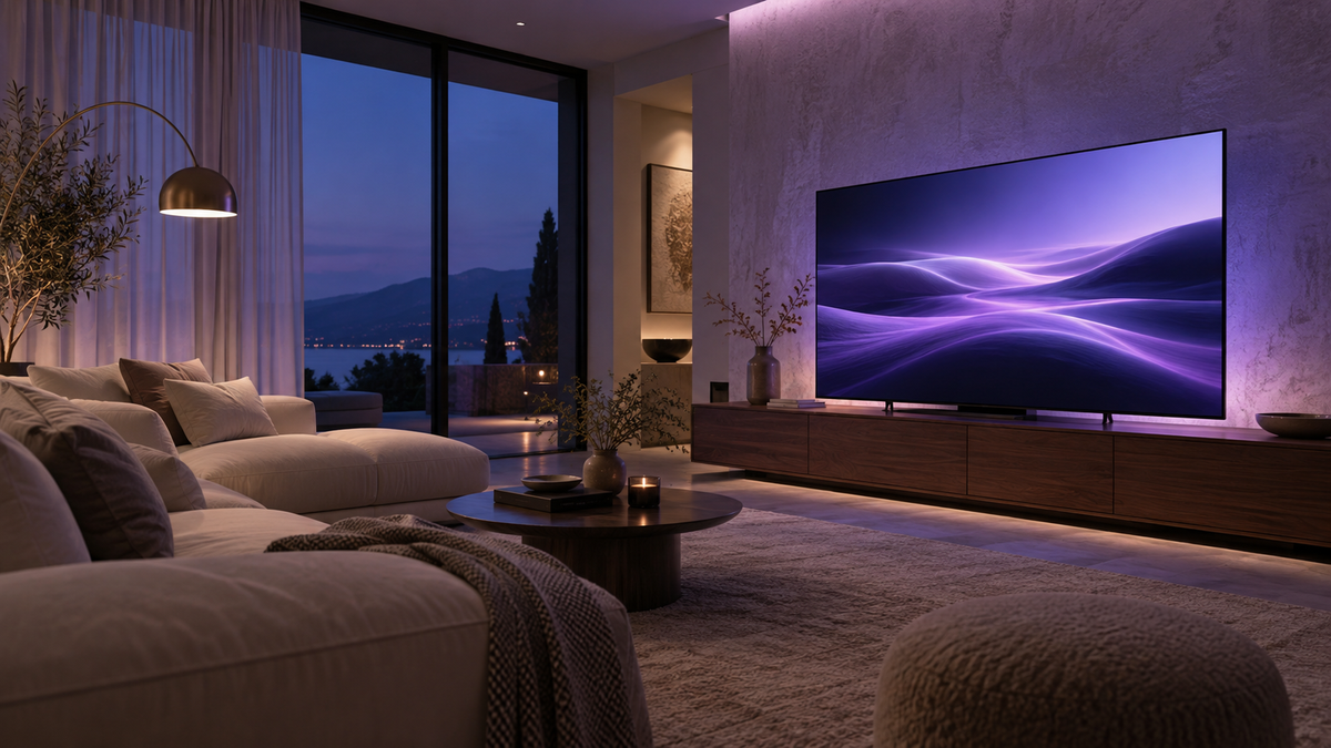 A contemporary television and living room with soft purple lighting