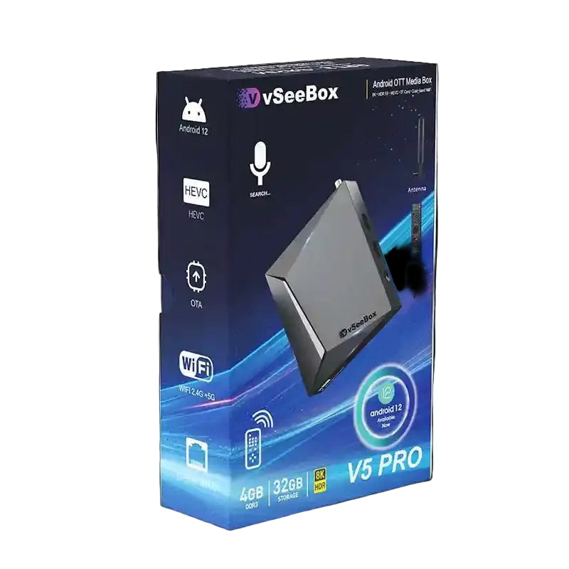 vSeeBox V5 Pro packaging on a transparent background