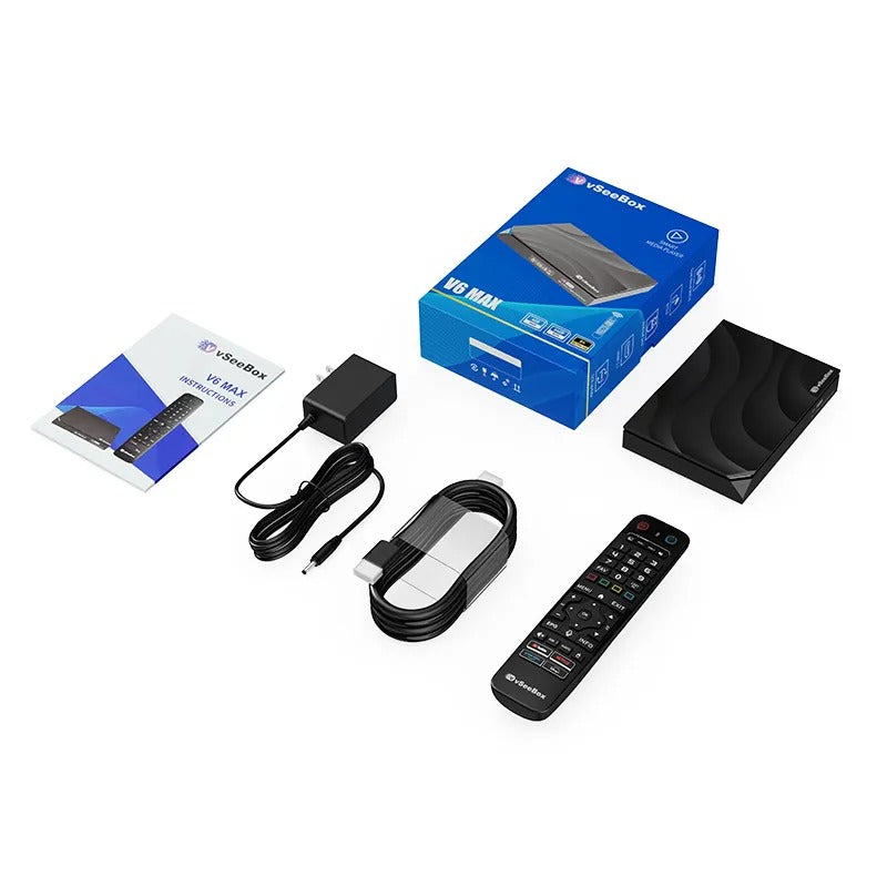 vSeeBox V6 Max product set with packaging, remote control, cables, and adapter on a white background
