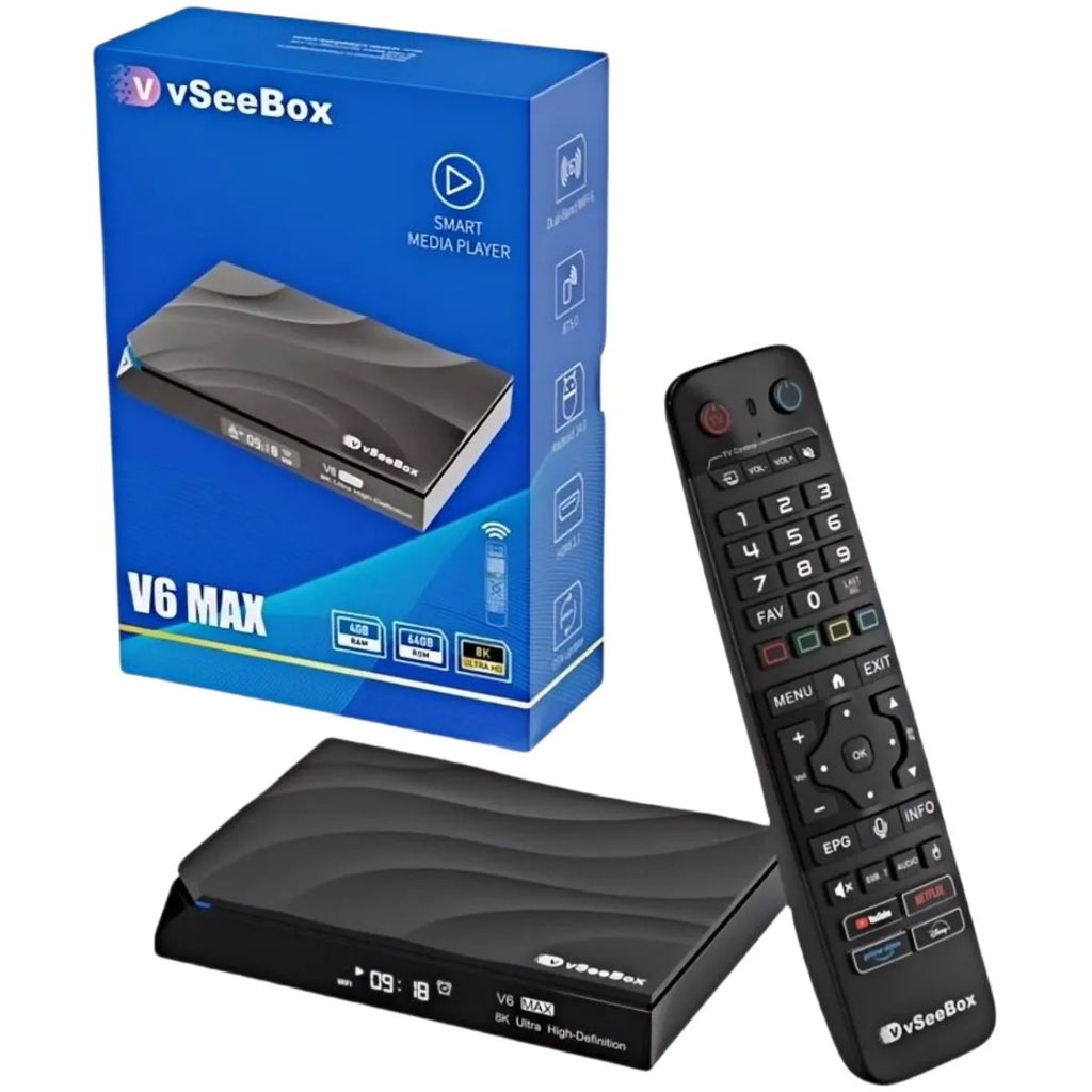 vSeeBox V6 Max smart media player with packaging and remote control on a white background