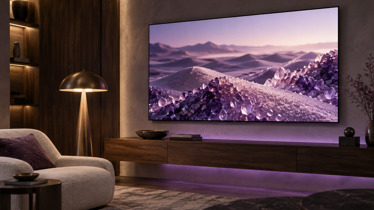 Contemporary home theater with a glowing violet television